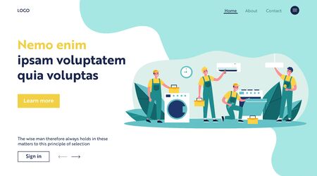 Happy servicemen repairing machines at home flat vector illustration. Electrician, mechanic or repairer at work. Repair and maintenance concept.のイラスト素材