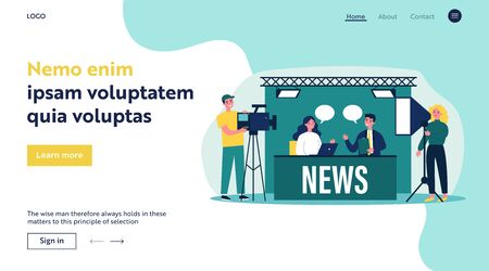 People on TV studio making news flat vector illustration. Backstage crew with cameras shooting desk with newscasters. Show and social media conceptのイラスト素材