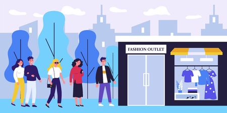 Queue of people waiting trendy fashion outlet opening. Customers standing at store entrance doors. Vector illustration for shopping, sale event, boutique conceptのイラスト素材