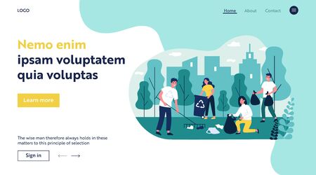 Happy volunteers collecting garbage in city park flat vector illustration. People cleaning environment nature in team. Ecology and clean planet conceptのイラスト素材