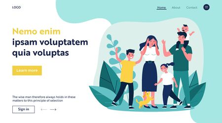 Tired young parents and mischievous happy children flat vector illustration. Exhausted mother and father surrounded by kids. Large family and parenting conceptのイラスト素材