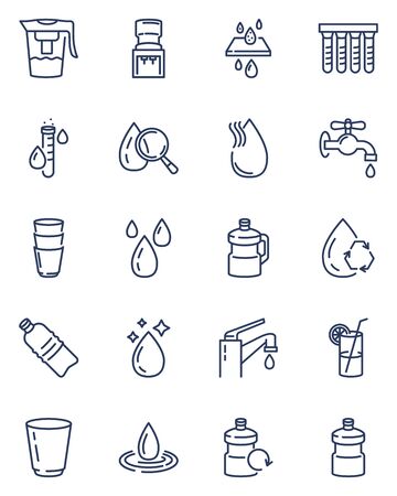 Clean water line icons set. Filter, plastic bottles, tap, glass, dispenser, rain drops, office cooler, cleaner, aqua. Thin icon collection for fresh water for drink, water purifying topicsのイラスト素材
