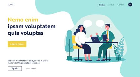 Candidate and HR manager having job interview. Business man and woman meeting at table, talking with speech bubbles. Vector illustration for conversation, career, human resource conceptのイラスト素材