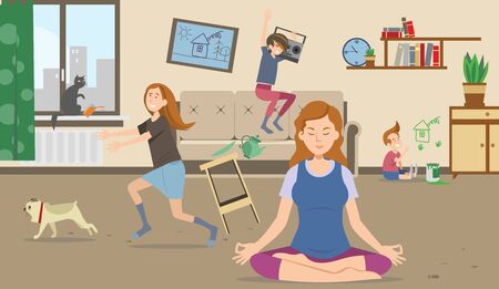 Calm peaceful mother meditating in lotus poseのイラスト素材