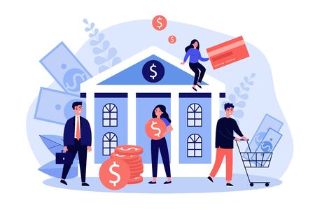 Bank building and cartoon business peopleのイラスト素材