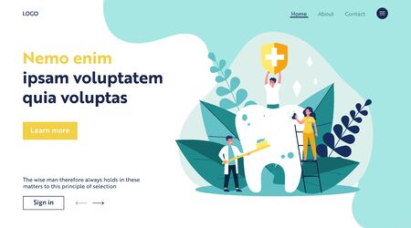 Tiny people cleaning big tooth flat vector illustrationのイラスト素材