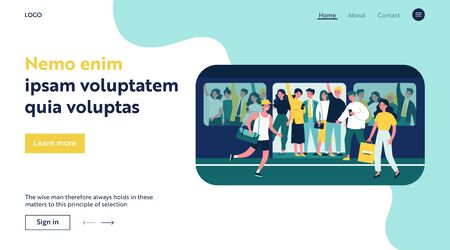 People hurrying into overcrowded train flat vector illustrationのイラスト素材