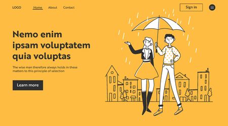 Girl and guy walking with umbrella in rainの写真素材