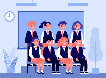 Happy students posing for photo in classroomのイラスト素材
