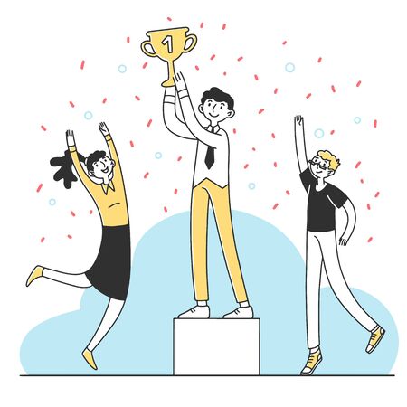 Worker winning best employee cup flat illustrationの写真素材