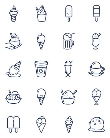 Ice cream thin line icons set. Outline frozen coffee, yogurt with scoop and spoon isolated vector illustration collection. Sweet dessert and sundae conceptのイラスト素材