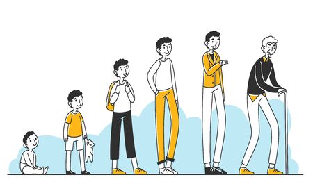 Man in different ages. Male character in ages of infant, child, teenager, adult, old person with cane. illustration for life cycle, generation, stages conceptの写真素材