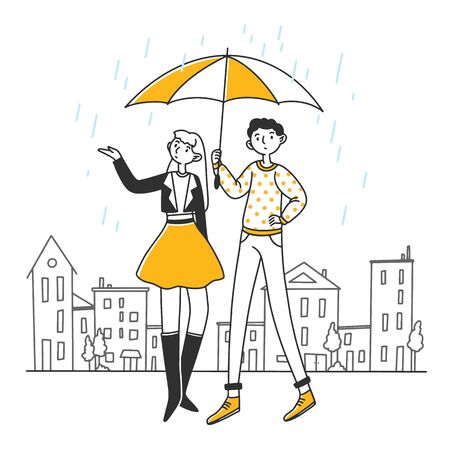 People standing under umbrella on rainy dayの写真素材