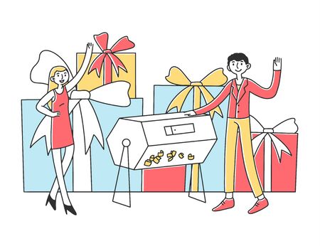 Lucky people winning prize draw. Lottery winners turning raffle drum and getting gift boxes. illustration for fortune, gambling, lotto, success conceptの写真素材