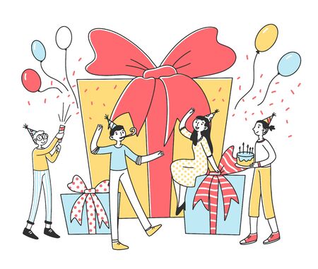 Celebration with happy friends flat illustration. Man and woman celebrating Christmas party or other event together. Surprise for girl on birthday. Gifts, presents and entertainment concept.の写真素材