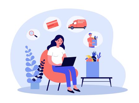 Woman using laptop for food delivery orderのイラスト素材