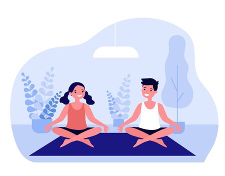 Cheerful teenagers practicing yoga at homeのイラスト素材