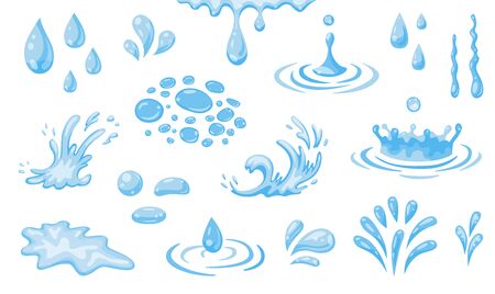 Water splashes flat icon set. Vector illustration of sea waves, fountain spray, wet surface, drop shapes. Water symbol elements for creative designのイラスト素材