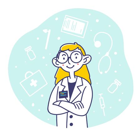 Medical professional in white coat and glasses. Doctor, physician, badge flat illustration. Medicine, occupation, healthcare concept for banner, website design or landing web pageの写真素材