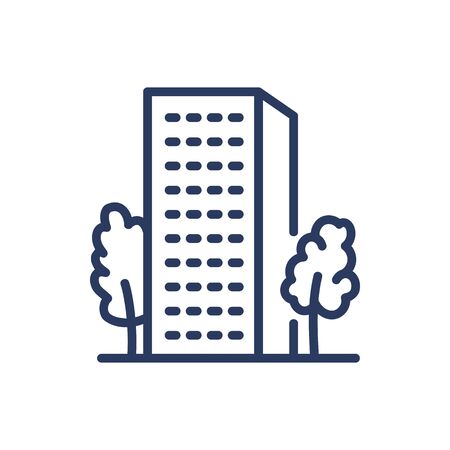 Multistory apartment house thin line icon. Housing, home, tree isolated outline sign. Buildings and urban architecture concept. Vector illustration symbol element for web design and appsのイラスト素材