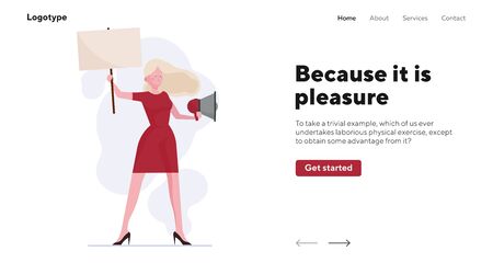 Woman standing with placard and megaphone outdoors. Activist, protester, picket flat illustration. Announcement, promotion, protest concept for banner, website design or landing web pageの写真素材