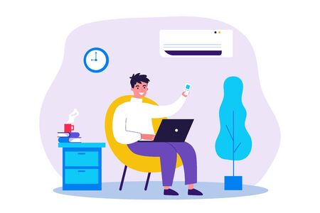 Young man sitting in home chair under air conditioner flat vector illustration. Cartoon guy relaxing at home with laptop computer. Summer and technology conceptのイラスト素材