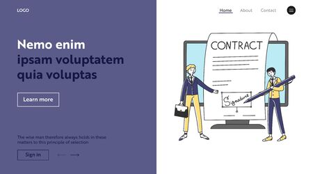 Business partners signing electronic contract. Signature, tiny businessmen, document flat illustration. Deal, agreement, partnership concept for banner, website design or landing web pageの写真素材