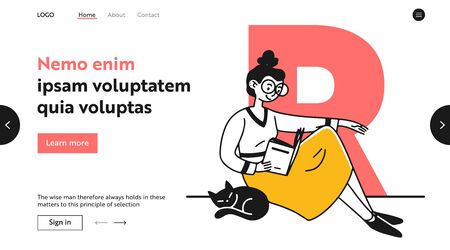 Book worm with cat. Nerdy student girl in big glasses reading book flat illustration. Library, geek, studying, education concept for banner, website design or landing web pageの写真素材