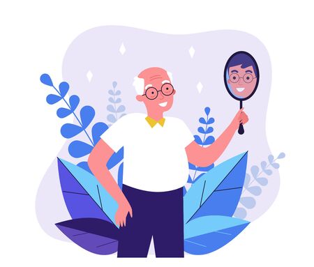 Smiling man looking at himself in mirror. Granddad imagining himself as young guy flat vector illustration. Narcissism and reflection concept for banner, website design or landing web pageのイラスト素材