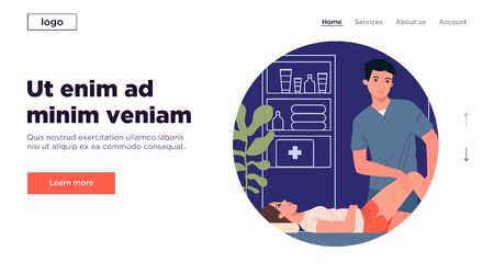 Massage professional office. Man in scrubs massaging woman leg and knee flat illustration. Lifestyle, medicine, spa, wellbeing concept for banner, website design or landing web pageの写真素材