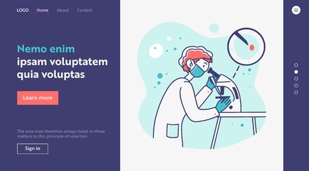 Chemist with microscope analyzing probe. Scientist in mask studying virus flat illustration. Laboratory, lab research, chemical analysis concept for banner, website design or landing web pageの写真素材