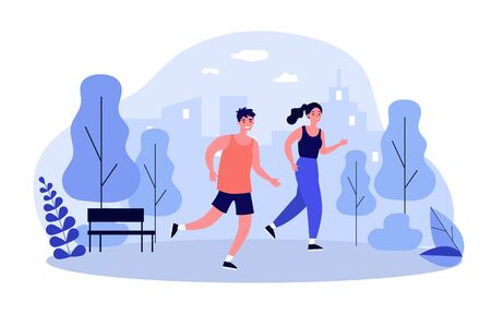 Happy joggers running at park flat vector illustration. Cartoon runners jogging marathon together. Sport, fitness and healthy lifestyle conceptのイラスト素材