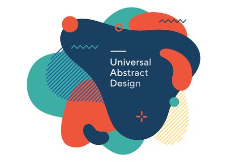 Playful bright liquid drops. Universal colorful figures, straight lines. Turquoise and blue background with orange blobs and white text. Layout for flyer, banner or poster.の写真素材