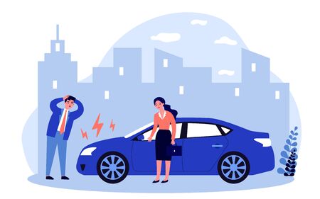 Drivers upset about car breakdown. City traffic, engine failure, damage flat vector illustration. Automobile, transportation, vehicle problem concept for banner, website design or landing web pageのイラスト素材