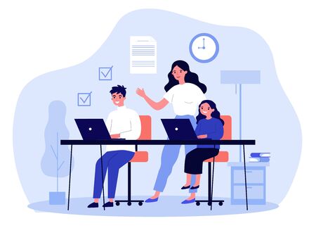 Female teacher explaining lesson to students. Boy and girl learning with tutor flat vector illustration. Education and examination concept for banner, website design or landing web pageのイラスト素材
