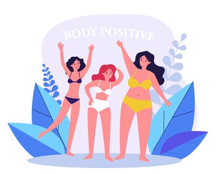 Body positive female characters in bikini waving by hands flat vector illustration. Happy plus size girls in swimsuits with different figures. Beauty and active healthy lifestyle conceptのイラスト素材