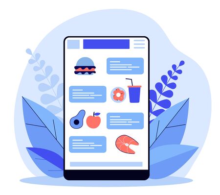Food order application. Online chat interface with products and takeaway drink icons flat vector illustration. Service, food delivery concept for banner, website design or landing web pageのイラスト素材
