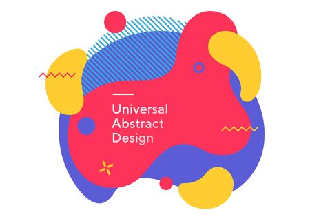 Quality bright irregular blots. Universal colorful shapes, straight lines. Purple and red background with yellow blobs and white text. Layout for ad flyer, web page or poster.の写真素材