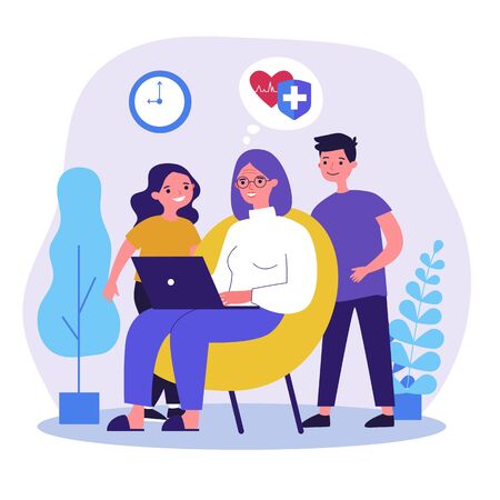 Grandma and children reading data on cardiology. Woman sitting in armchair, using computer flat vector illustration. Technology and health concept for banner, website design or landing web pageのイラスト素材