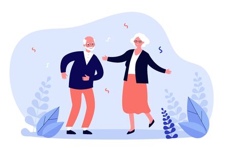 Active funny old couple dancing at party. Grandparents celebrating anniversary. Vector illustration for senior age, retirement, having fun, celebration conceptのイラスト素材
