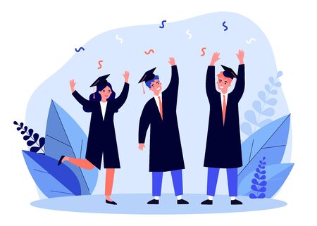 Happy students celebrating graduation from university. College, bachelor, diploma flat vector illustration. Education and learning concept for banner, website design or landing web pageのイラスト素材