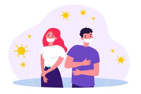 People in anxiety because of coronavirus flat vector illustration. Cartoon man and woman in masks. Wuhan virus and medical warning conceptのイラスト素材