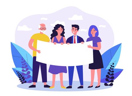 People gathering for protest. Diverse group standing together and holding blank banner flat vector illustration. Position and activism concept for banner, website design or landing web pageのイラスト素材