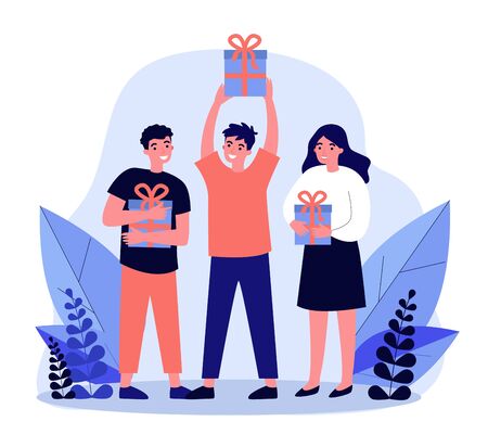 Smiling happy people holding gift boxes. Men and woman getting presents or prizes flat vector illustration. Holiday and lottery concept for banner, website design or landing web pageのイラスト素材