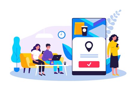 People using online app for food delivery. Customers ordering food in cafe or restaurant and eating at home. Vector illustration for mobile application, takeaway dinner, service conceptのイラスト素材