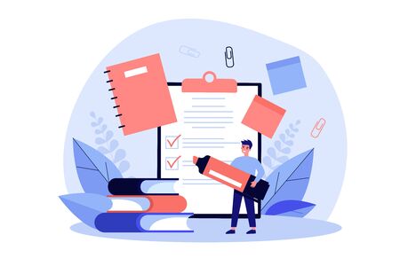Man with marker making checklist. Male character with school supplies, papers, notes, memos, notebook. Vector illustration for planning, manager job, stationery conceptのイラスト素材