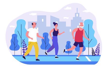 Senior people jogging in city park. Old men and women running marathon flat vector illustration. Lifestyle and sport concept for banner, website design or landing web pageのイラスト素材