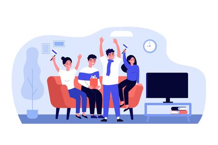 Football fans, championship, leisure at home concept. Group of friends sitting on couch, watching soccer match on TV, supporting national team. Flat vector illustrationのイラスト素材