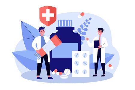 Doctor with prescription and pharmacist with ointment tube discussing treatment, pills and drug in drugstore. Vector illustration for pharmacy, medicine, medical checkout conceptのイラスト素材