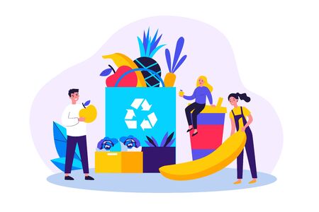People putting organic food into eco friendly bag with recycling sign. Shoppers with fresh fruits and plastic cup. Vector illustration for sustainable development, zero waste, reuse conceptのイラスト素材
